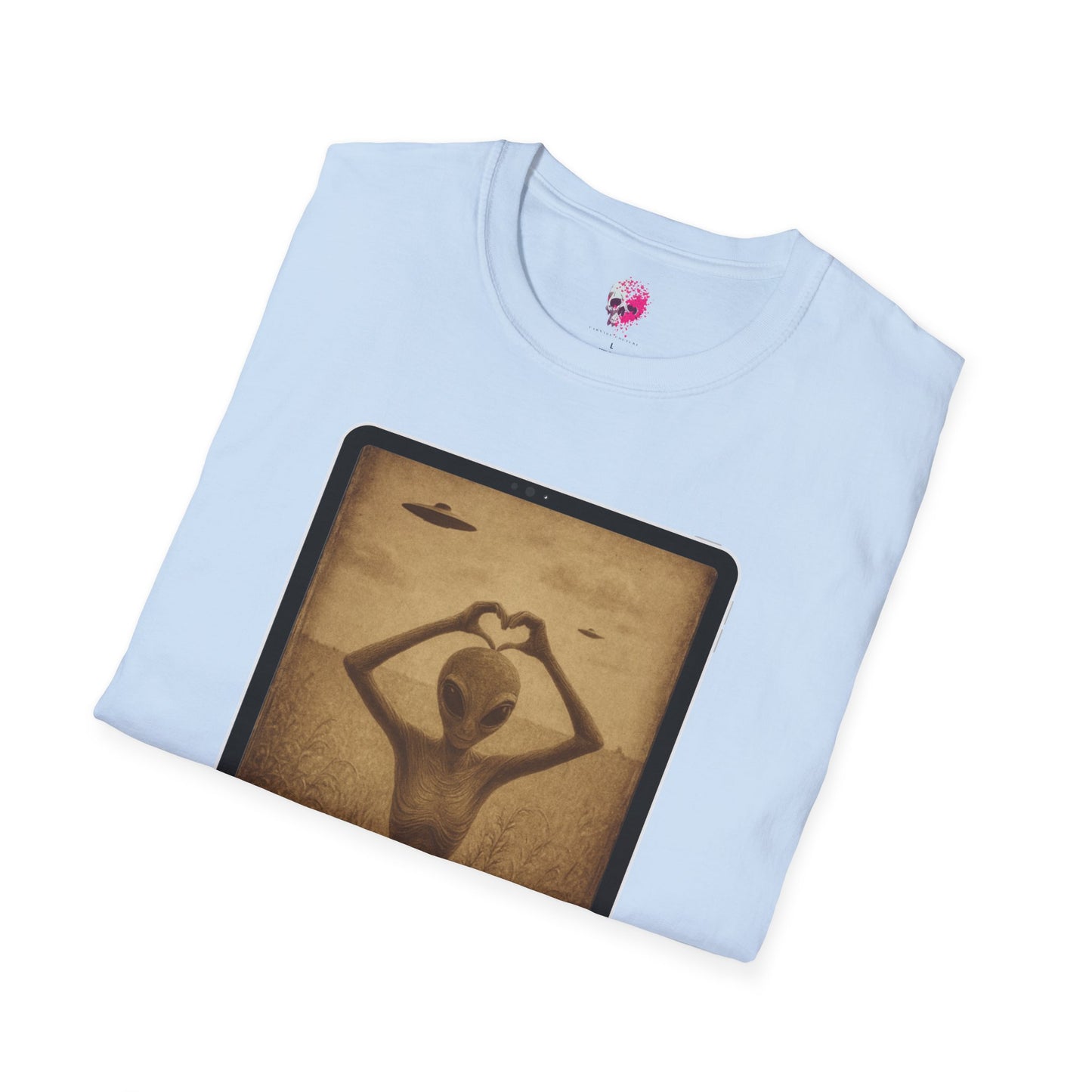 Heart-Shaped Alien Love Unisex Softstyle T-Shirt, Cute Casual Tee, Gifts for Friends, Vintage Aesthetic Apparel, Everyday Wear, Heart Art Tee