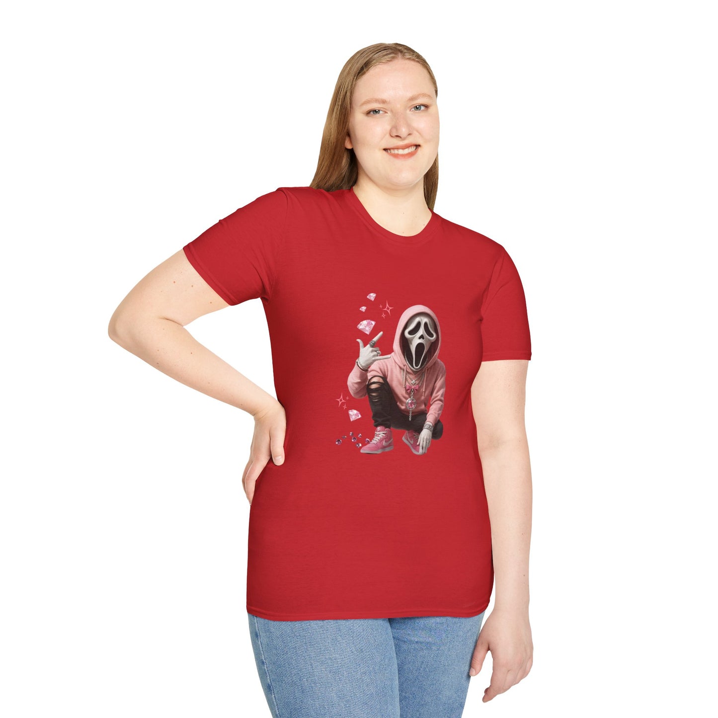 Scream-Inspired Graphic Tee, Unisex Softstyle T-Shirt, Trendy Casual Wear, Halloween Costume Top, Streetwear Apparel