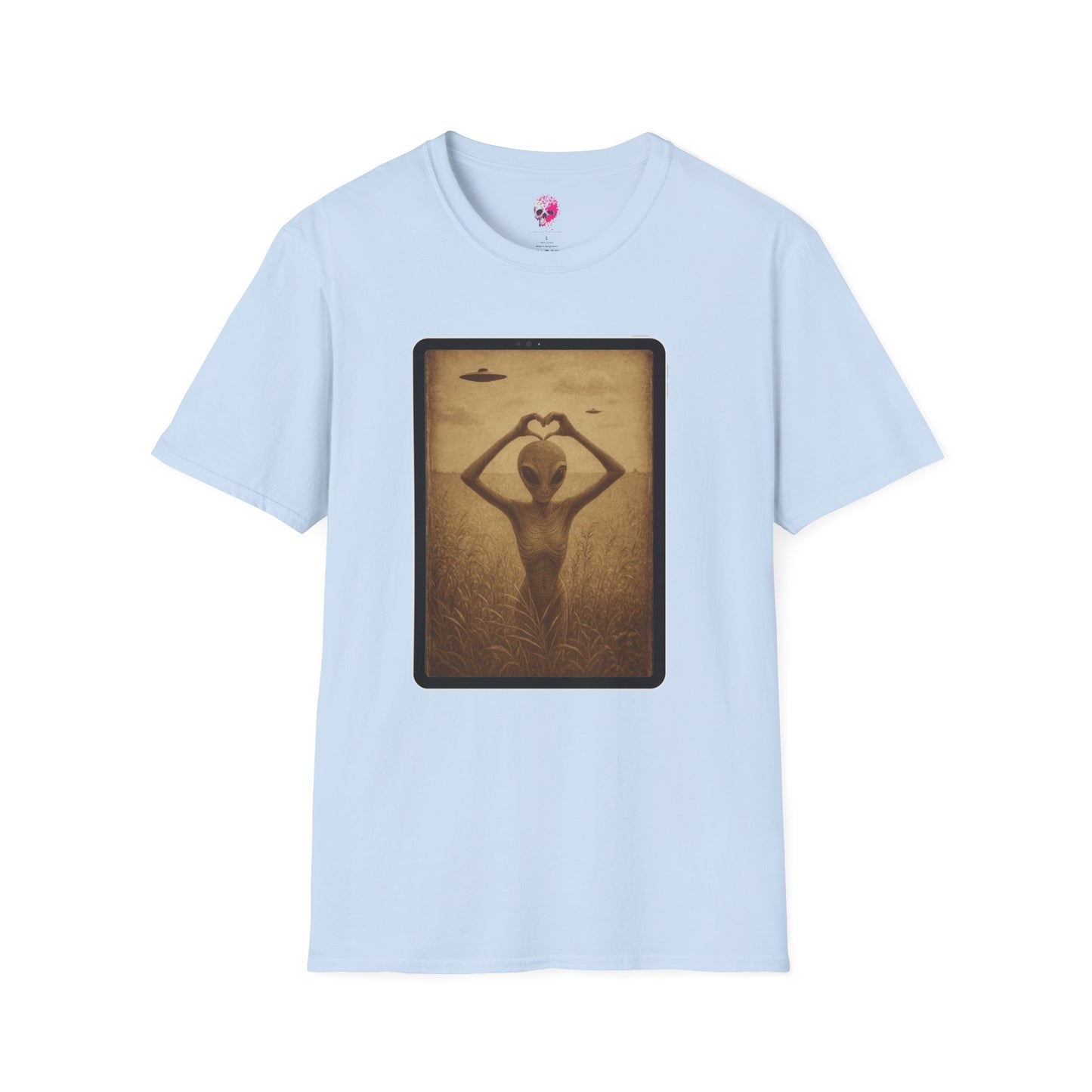 Heart-Shaped Alien Love Unisex Softstyle T-Shirt, Cute Casual Tee, Gifts for Friends, Vintage Aesthetic Apparel, Everyday Wear, Heart Art Tee