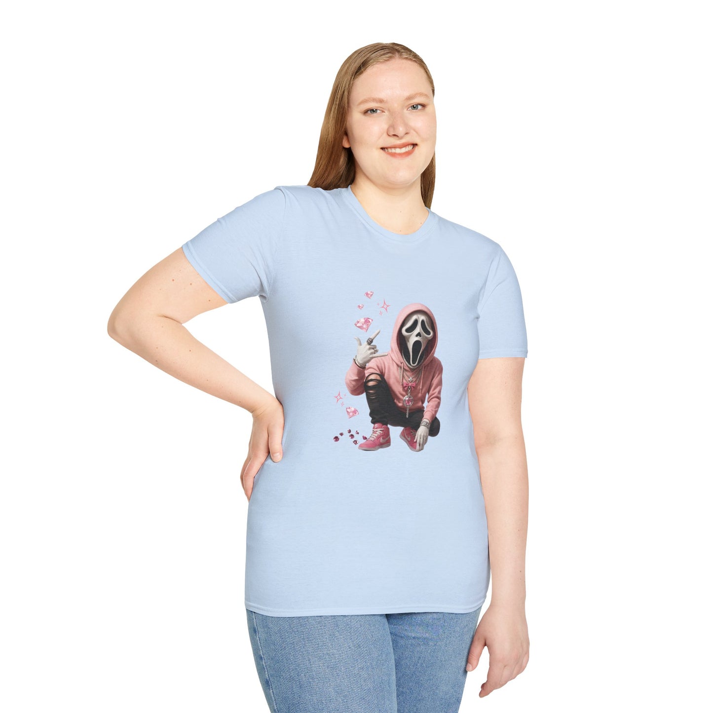 Scream-Inspired Graphic Tee, Unisex Softstyle T-Shirt, Trendy Casual Wear, Halloween Costume Top, Streetwear Apparel