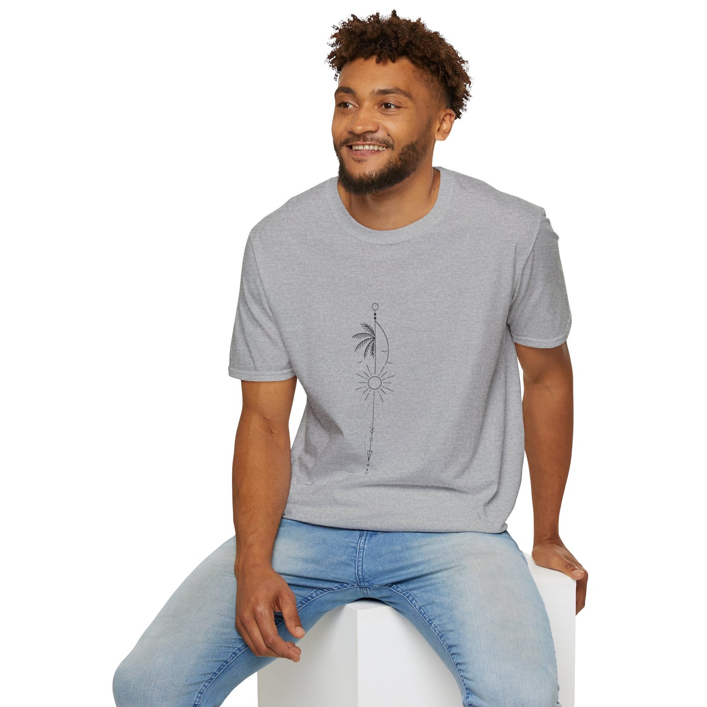 Boho Sun & Palm Unisex Softstyle T-Shirt, Casual Summer Tee, Gift for Nature Lovers, Beachwear, Relaxed Vibes, Eco-Friendly Fashion