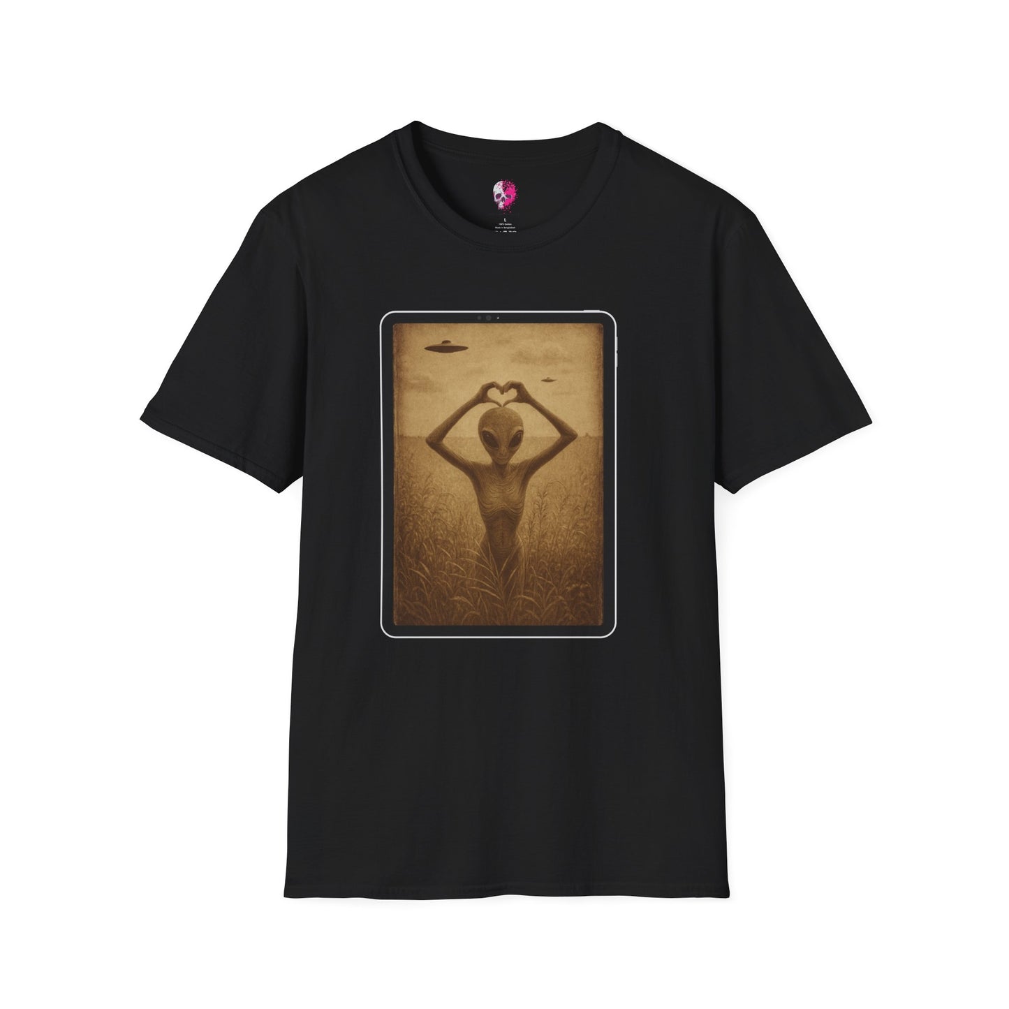 Heart-Shaped Alien Love Unisex Softstyle T-Shirt, Cute Casual Tee, Gifts for Friends, Vintage Aesthetic Apparel, Everyday Wear, Heart Art Tee