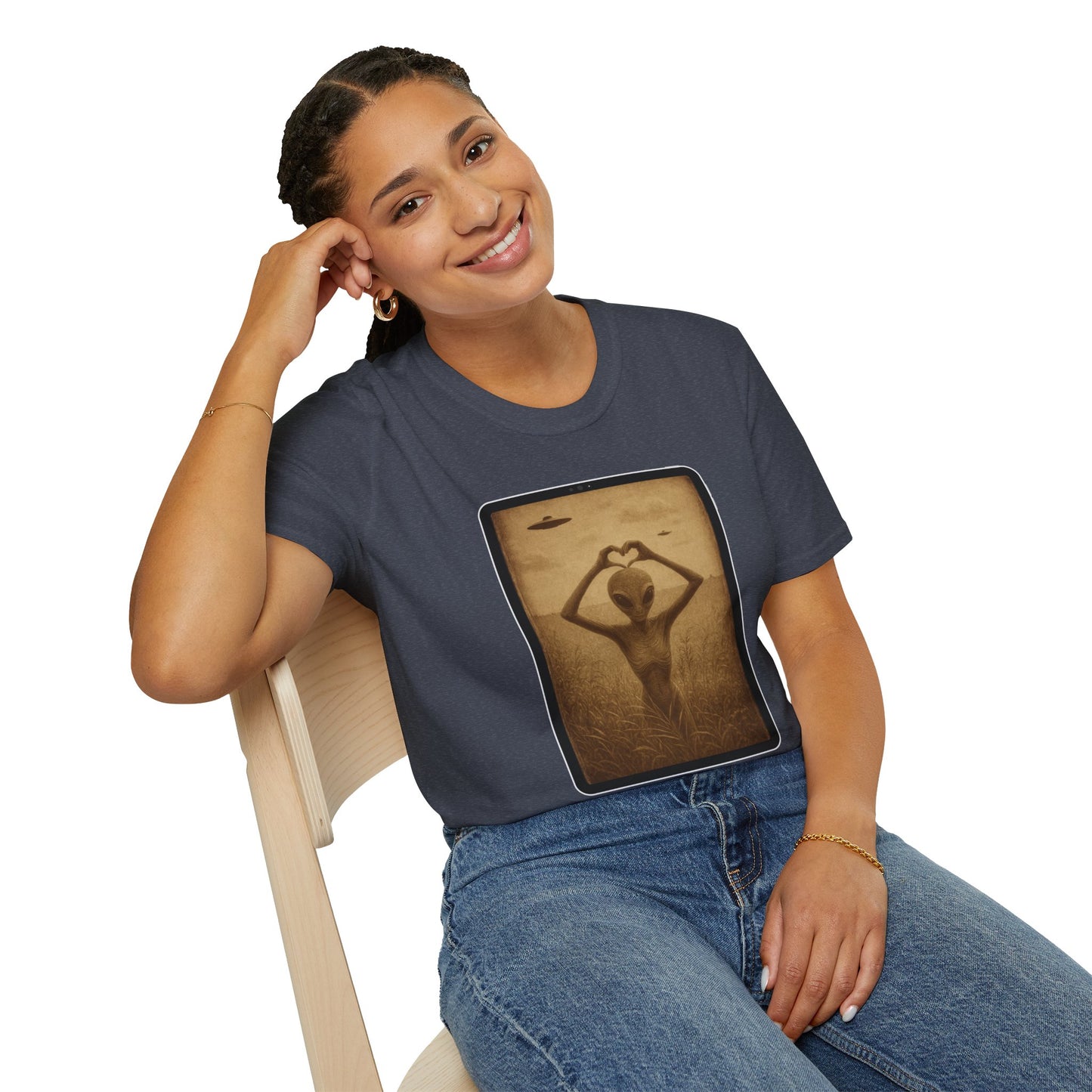 Heart-Shaped Alien Love Unisex Softstyle T-Shirt, Cute Casual Tee, Gifts for Friends, Vintage Aesthetic Apparel, Everyday Wear, Heart Art Tee