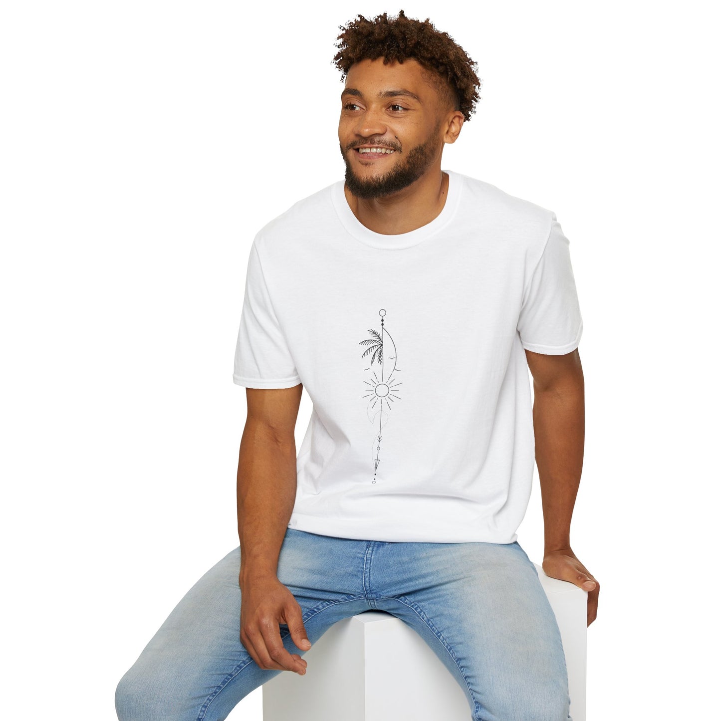 Boho Sun & Palm Unisex Softstyle T-Shirt, Casual Summer Tee, Gift for Nature Lovers, Beachwear, Relaxed Vibes, Eco-Friendly Fashion