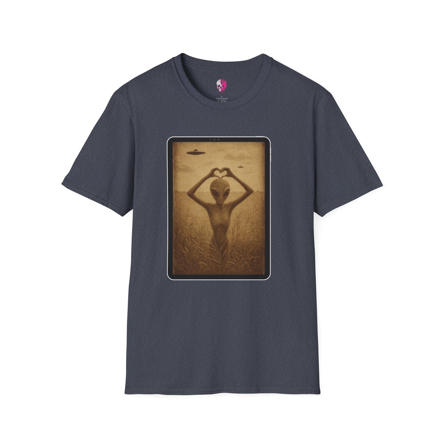 Heart-Shaped Alien Love Unisex Softstyle T-Shirt, Cute Casual Tee, Gifts for Friends, Vintage Aesthetic Apparel, Everyday Wear, Heart Art Tee