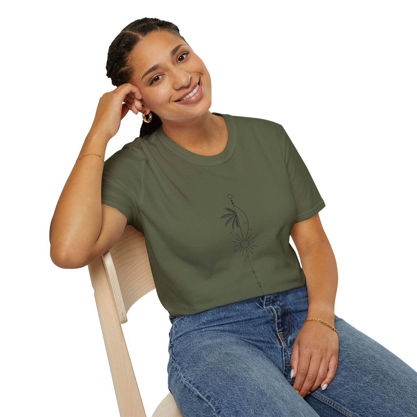 Boho Sun & Palm Unisex Softstyle T-Shirt, Casual Summer Tee, Gift for Nature Lovers, Beachwear, Relaxed Vibes, Eco-Friendly Fashion