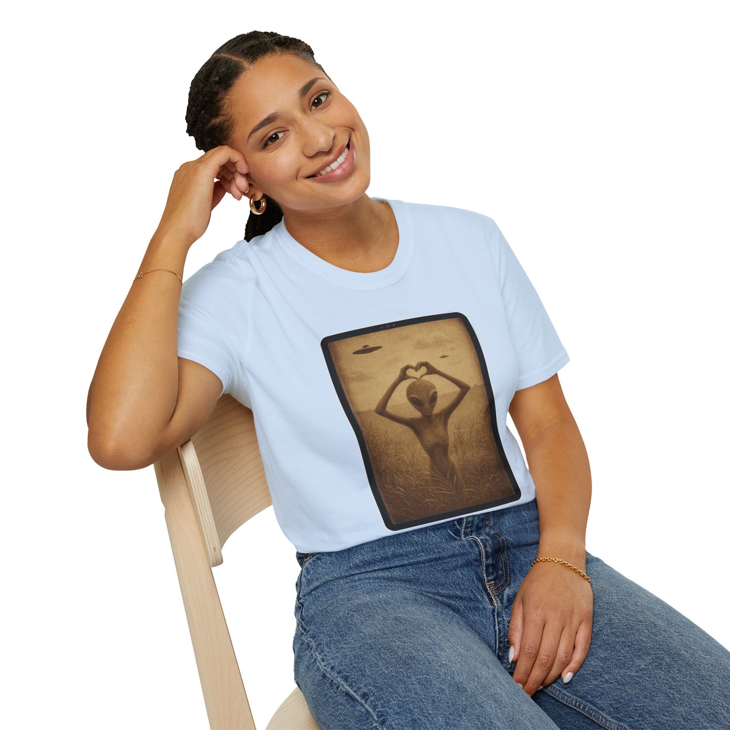 Heart-Shaped Alien Love Unisex Softstyle T-Shirt, Cute Casual Tee, Gifts for Friends, Vintage Aesthetic Apparel, Everyday Wear, Heart Art Tee