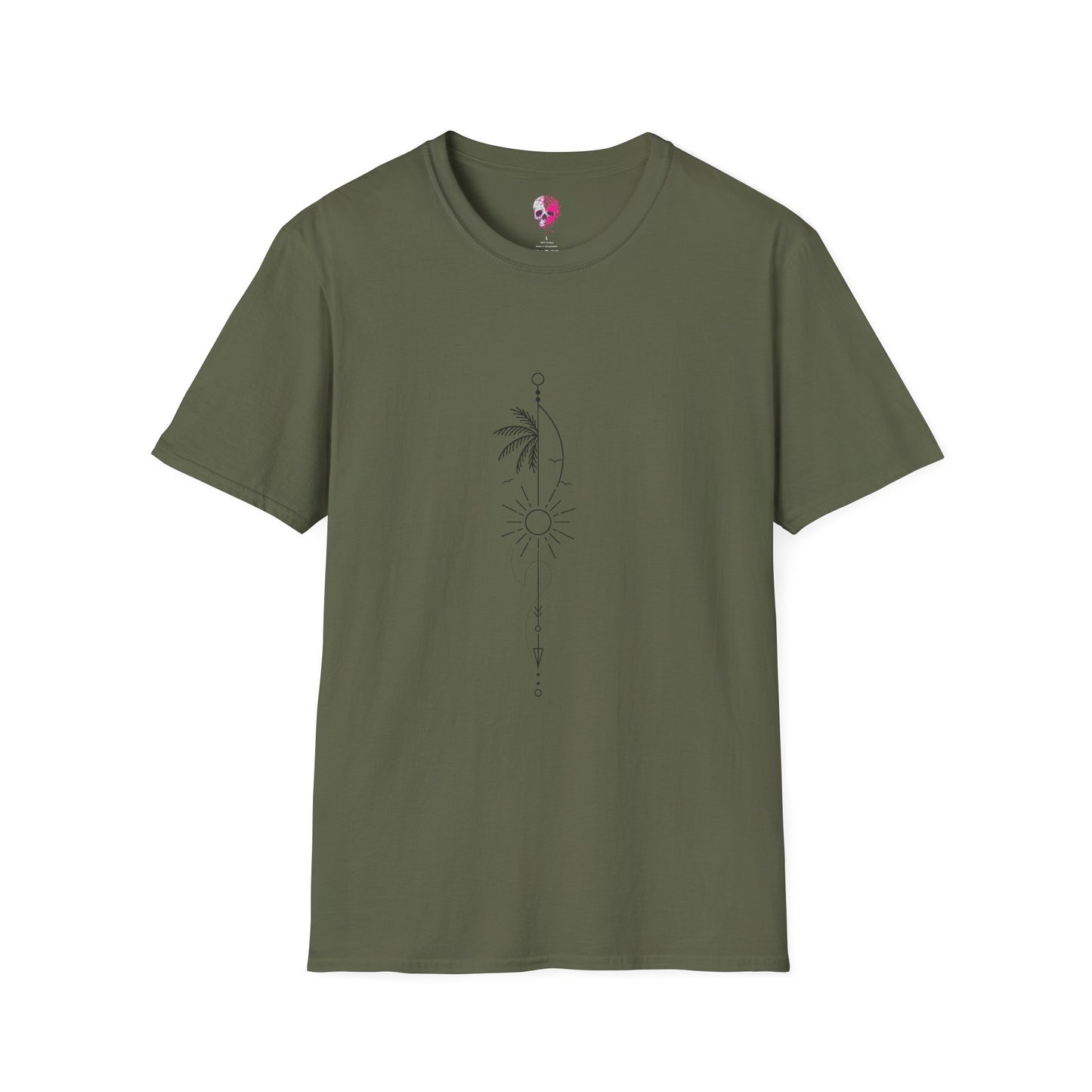 Boho Sun & Palm Unisex Softstyle T-Shirt, Casual Summer Tee, Gift for Nature Lovers, Beachwear, Relaxed Vibes, Eco-Friendly Fashion