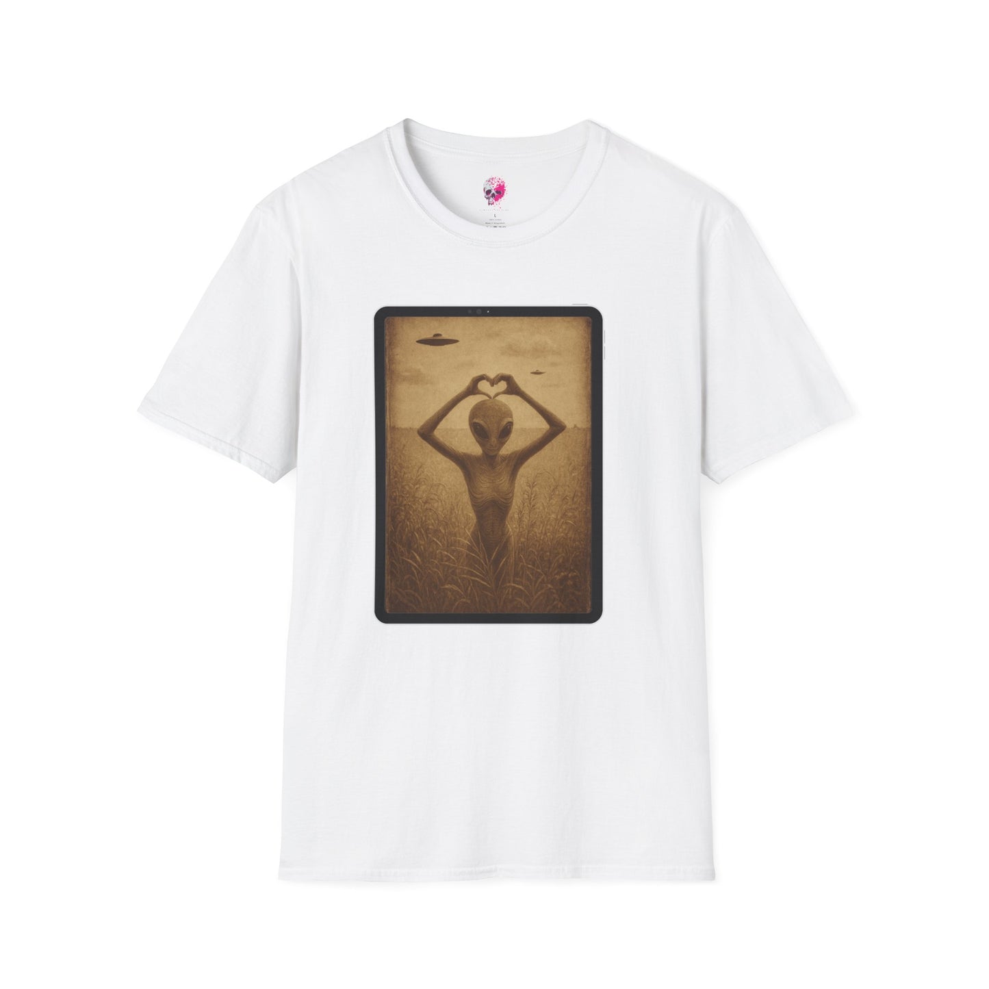 Heart-Shaped Alien Love Unisex Softstyle T-Shirt, Cute Casual Tee, Gifts for Friends, Vintage Aesthetic Apparel, Everyday Wear, Heart Art Tee