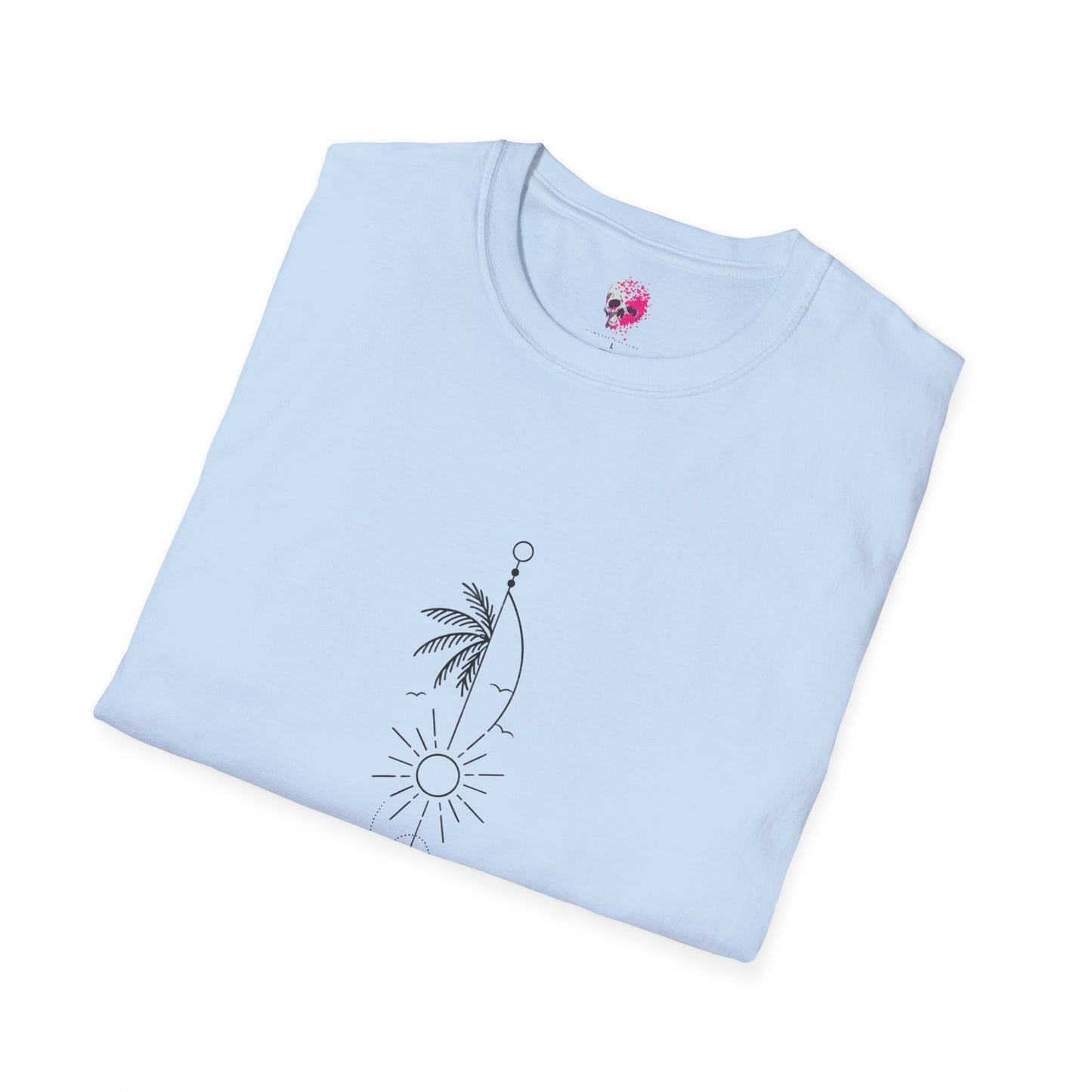 Boho Sun & Palm Unisex Softstyle T-Shirt, Casual Summer Tee, Gift for Nature Lovers, Beachwear, Relaxed Vibes, Eco-Friendly Fashion