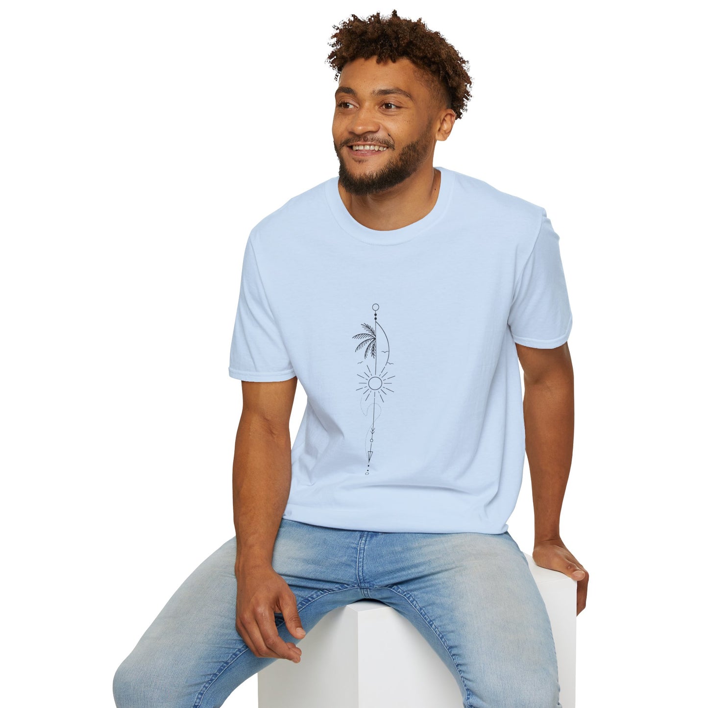 Boho Sun & Palm Unisex Softstyle T-Shirt, Casual Summer Tee, Gift for Nature Lovers, Beachwear, Relaxed Vibes, Eco-Friendly Fashion