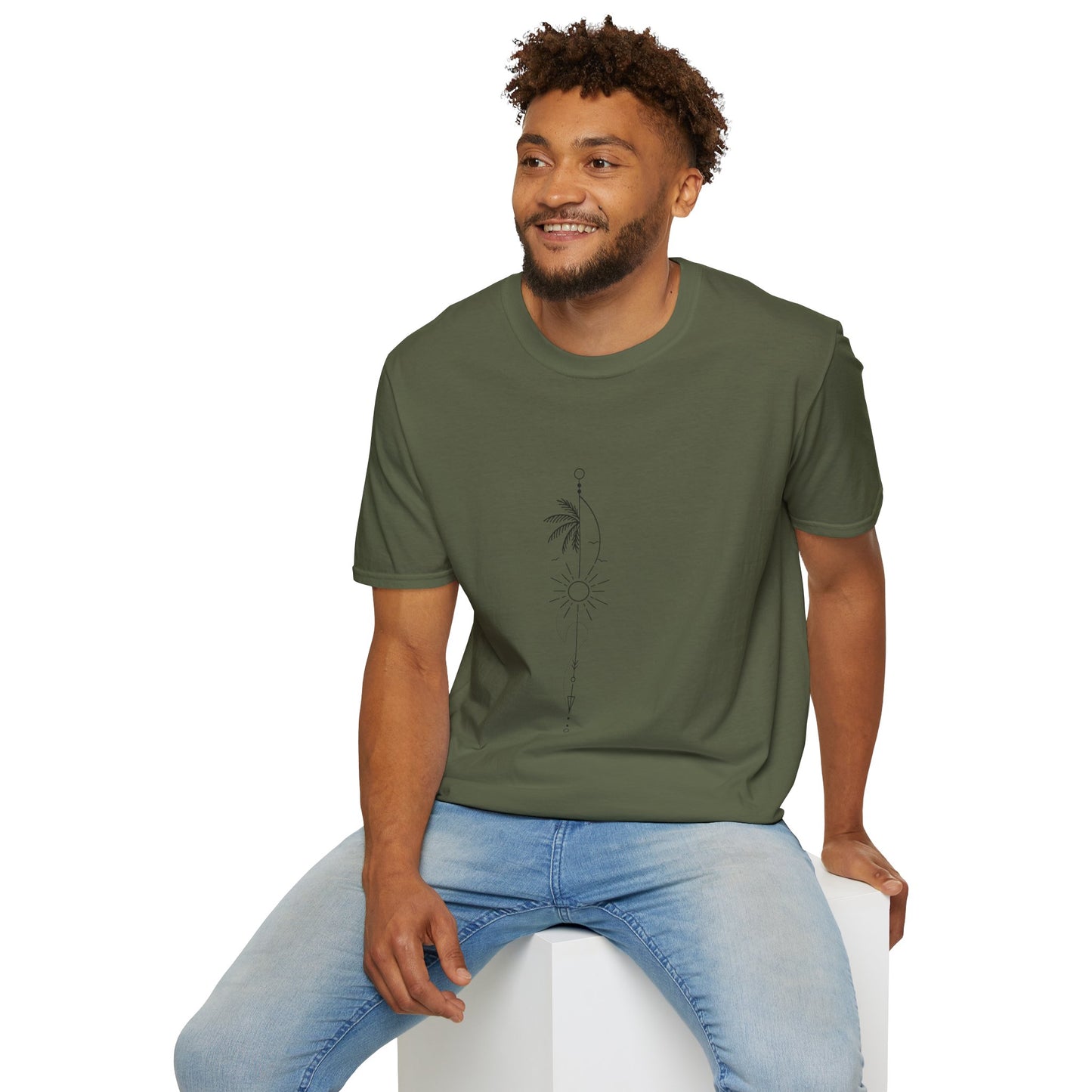 Boho Sun & Palm Unisex Softstyle T-Shirt, Casual Summer Tee, Gift for Nature Lovers, Beachwear, Relaxed Vibes, Eco-Friendly Fashion