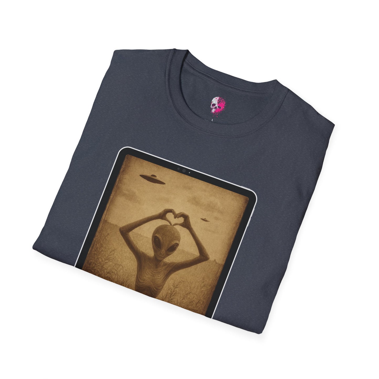 Heart-Shaped Alien Love Unisex Softstyle T-Shirt, Cute Casual Tee, Gifts for Friends, Vintage Aesthetic Apparel, Everyday Wear, Heart Art Tee