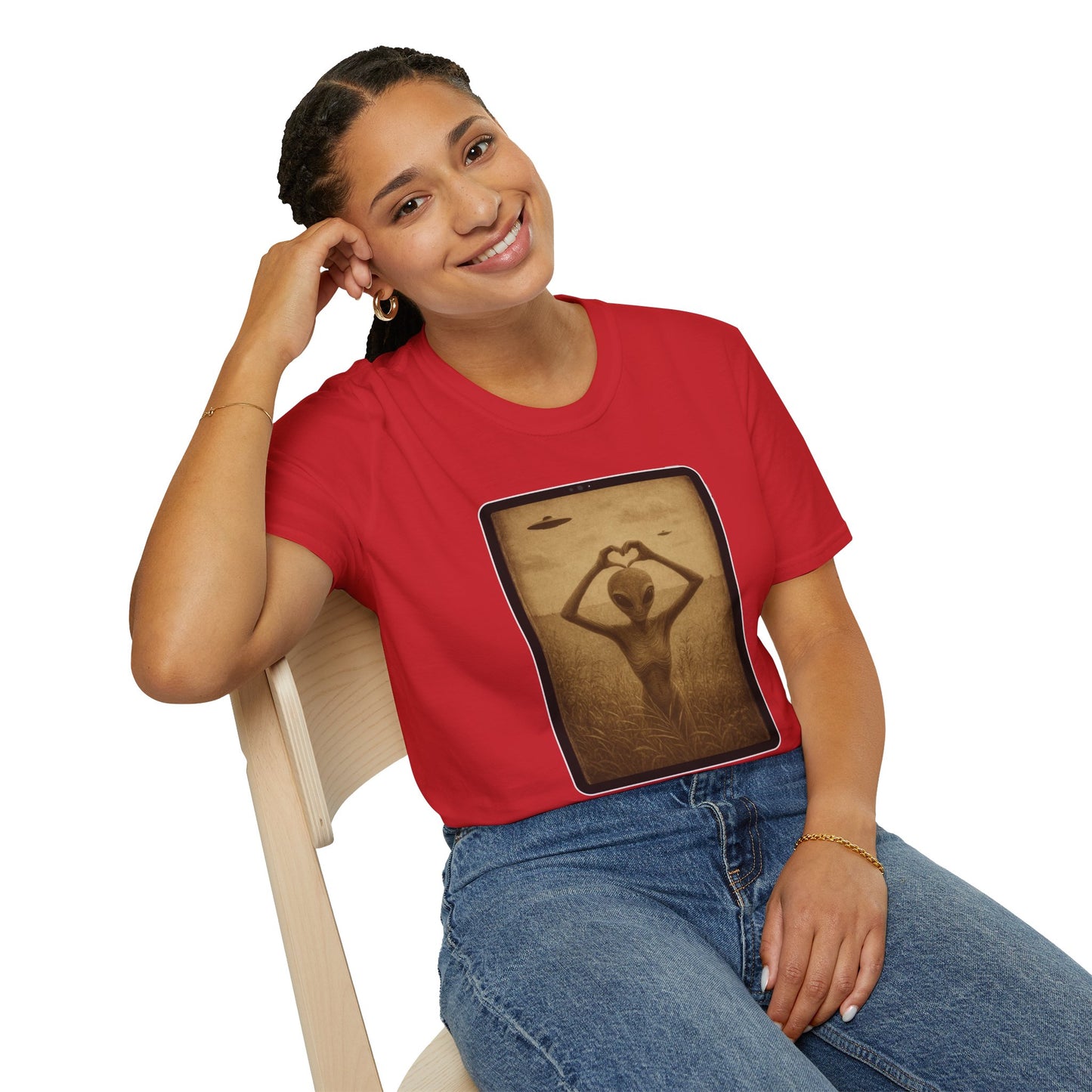 Heart-Shaped Alien Love Unisex Softstyle T-Shirt, Cute Casual Tee, Gifts for Friends, Vintage Aesthetic Apparel, Everyday Wear, Heart Art Tee