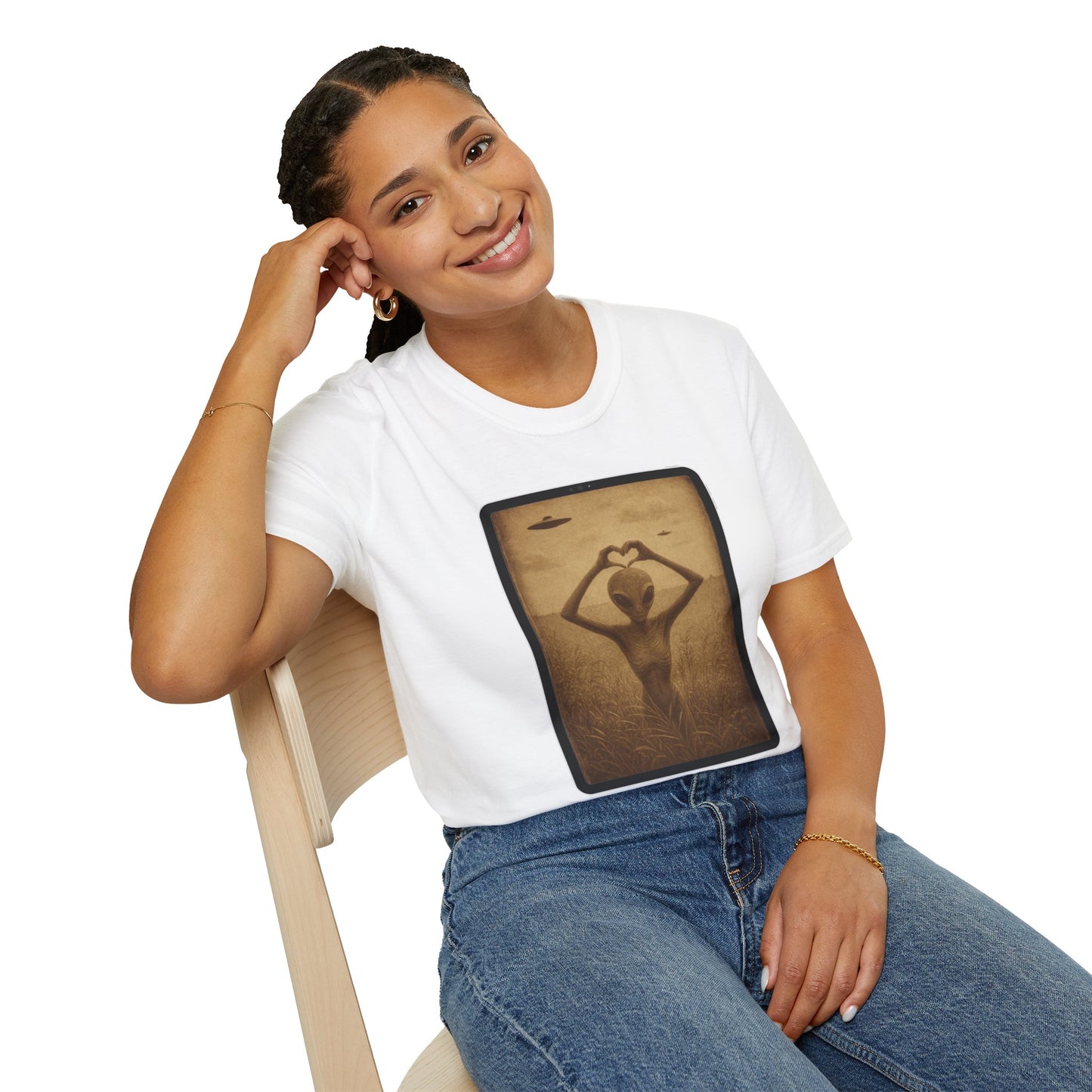 Heart-Shaped Alien Love Unisex Softstyle T-Shirt, Cute Casual Tee, Gifts for Friends, Vintage Aesthetic Apparel, Everyday Wear, Heart Art Tee