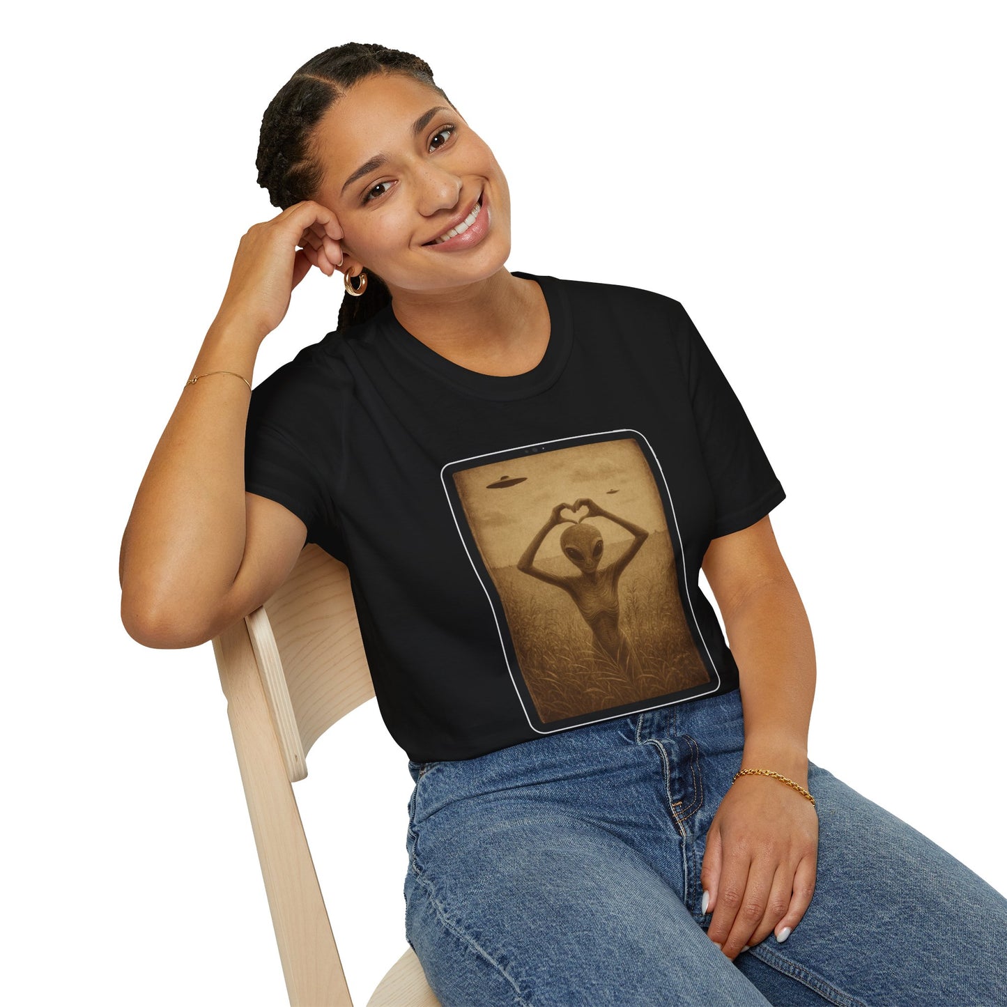 Heart-Shaped Alien Love Unisex Softstyle T-Shirt, Cute Casual Tee, Gifts for Friends, Vintage Aesthetic Apparel, Everyday Wear, Heart Art Tee