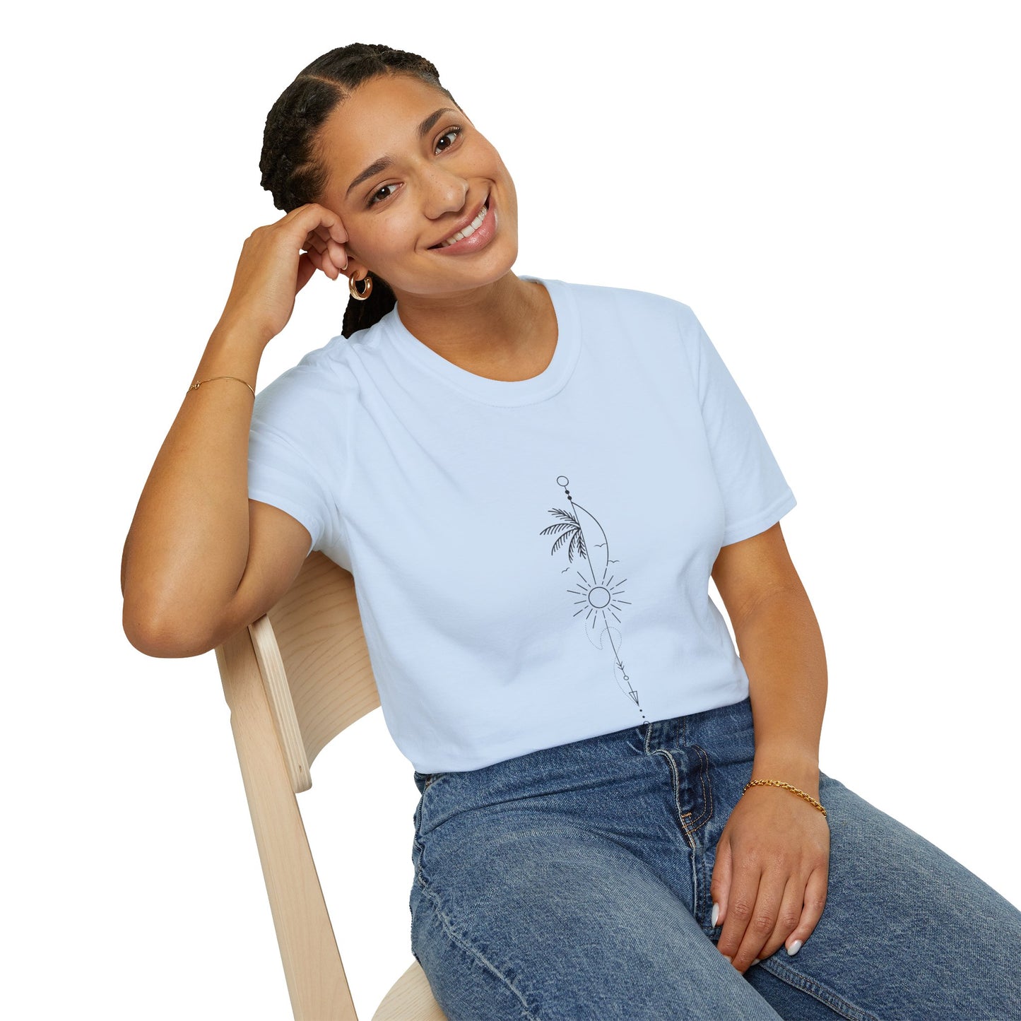 Boho Sun & Palm Unisex Softstyle T-Shirt, Casual Summer Tee, Gift for Nature Lovers, Beachwear, Relaxed Vibes, Eco-Friendly Fashion