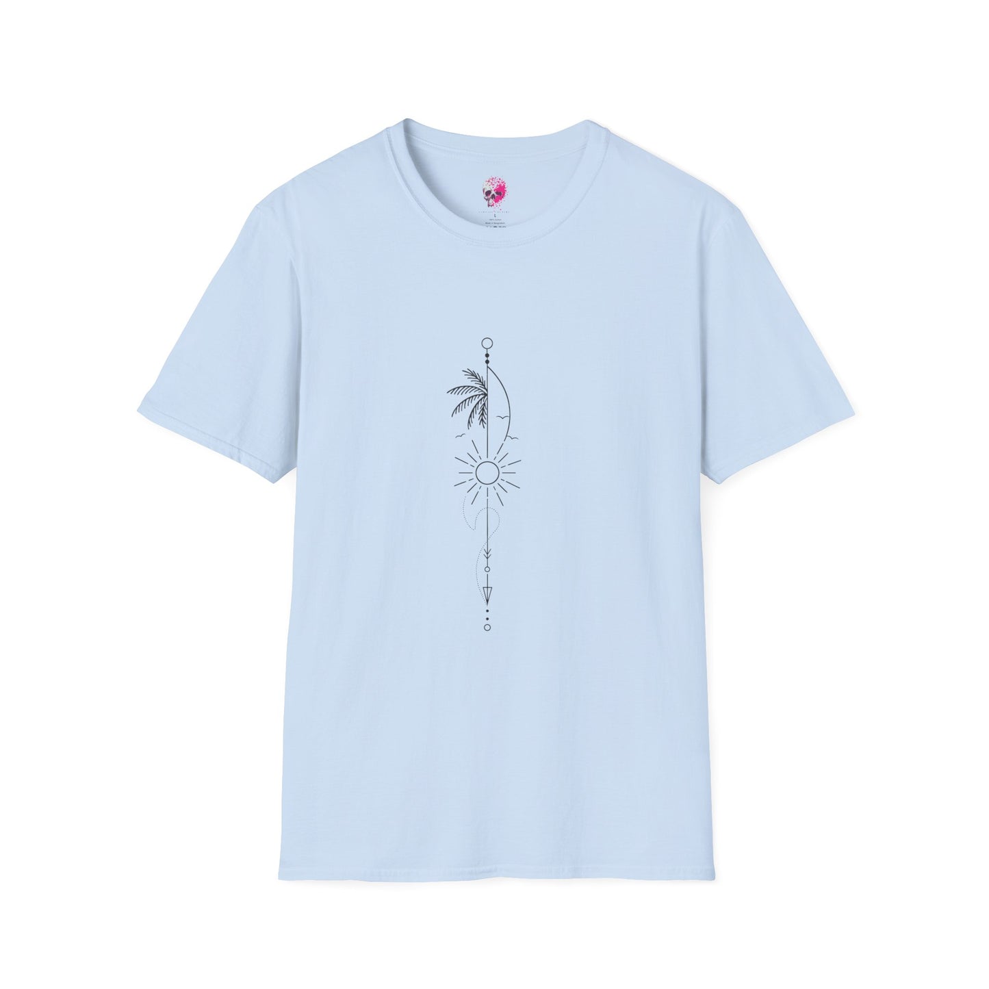 Boho Sun & Palm Unisex Softstyle T-Shirt, Casual Summer Tee, Gift for Nature Lovers, Beachwear, Relaxed Vibes, Eco-Friendly Fashion
