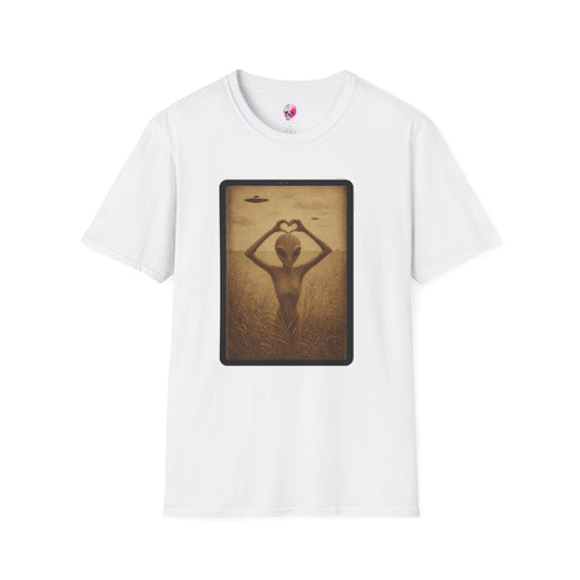 Heart-Shaped Alien Love Unisex Softstyle T-Shirt, Cute Casual Tee, Gifts for Friends, Vintage Aesthetic Apparel, Everyday Wear, Heart Art Tee